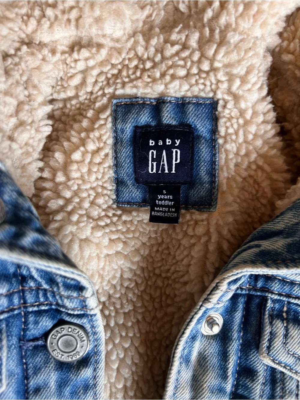 GAP Blue Denim Jacket with Cream Sherpa Hood